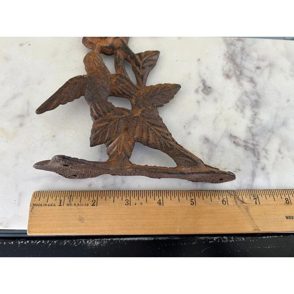 Vintage Cast Iron Hummingbird Wall Hook Rustic Brown Floral Garden Decor 7.5in